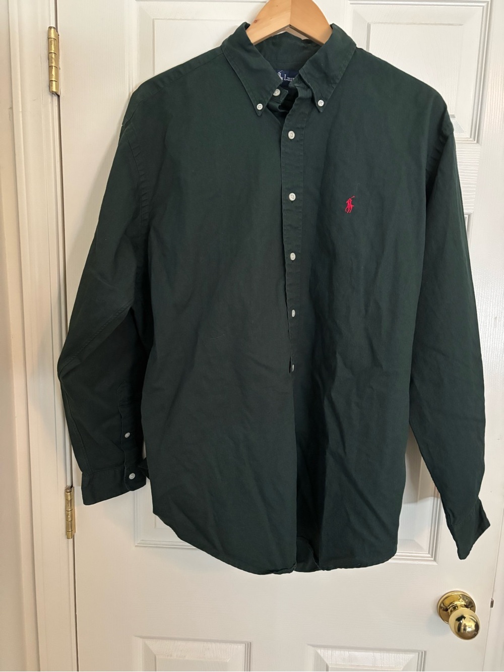 Ralph Lauren Dark Green Button-Down Shirt with Pink Pony